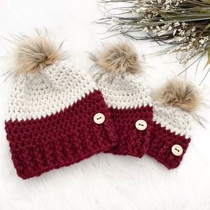 3- 6 M Colour Block Crochet Hat Removable Pompom | Merlot & Natural, Wintertoque
